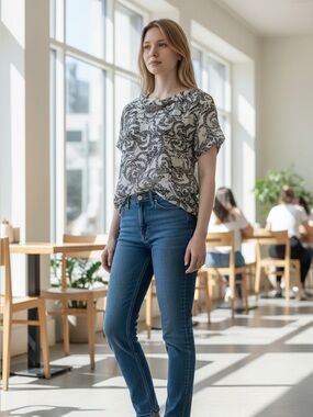 BCBGeneration Black & White Swirl Print Blouse with Metal Accent